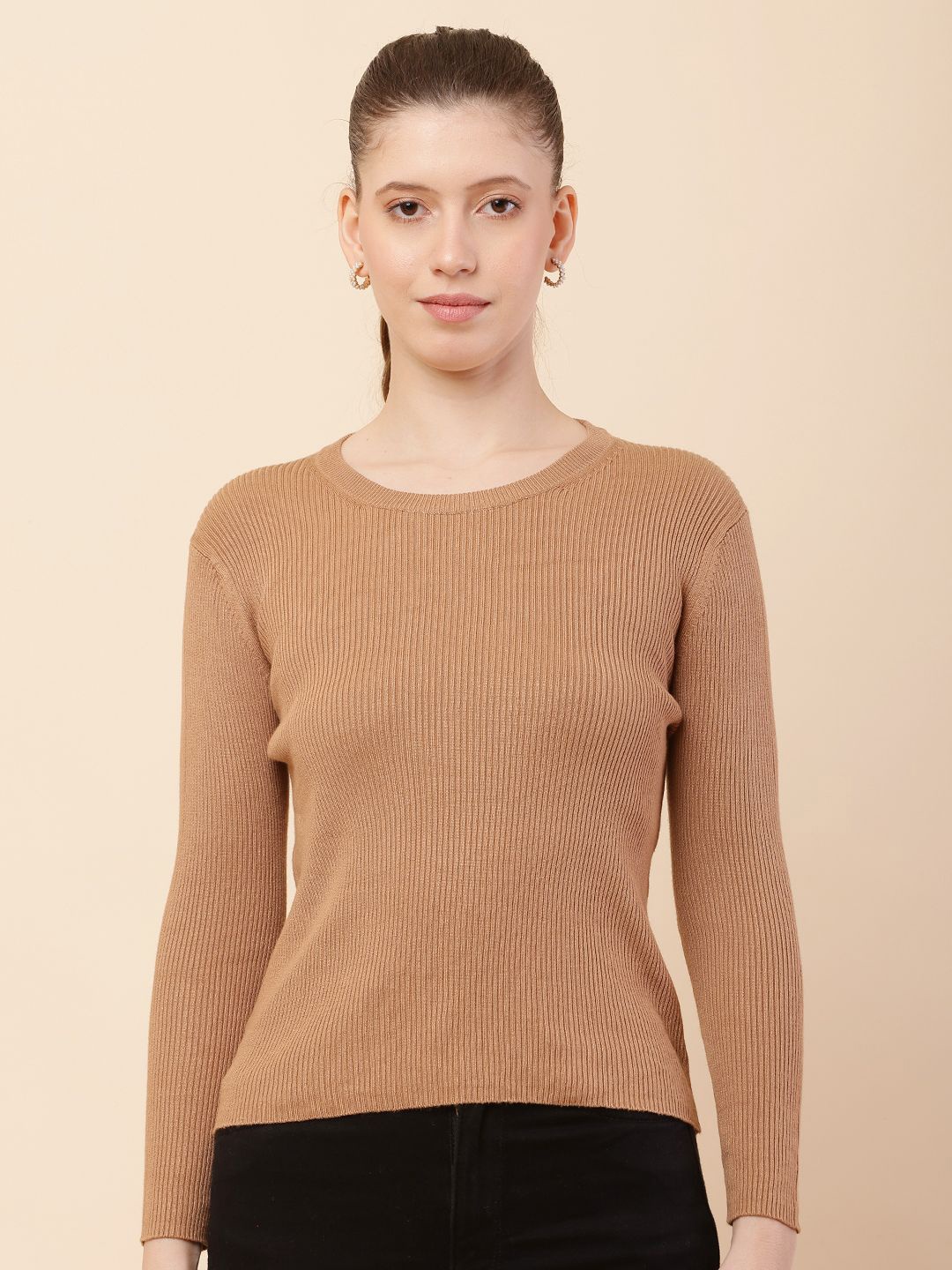 

NoBarr Women Self Design Striped Pullover, Brown