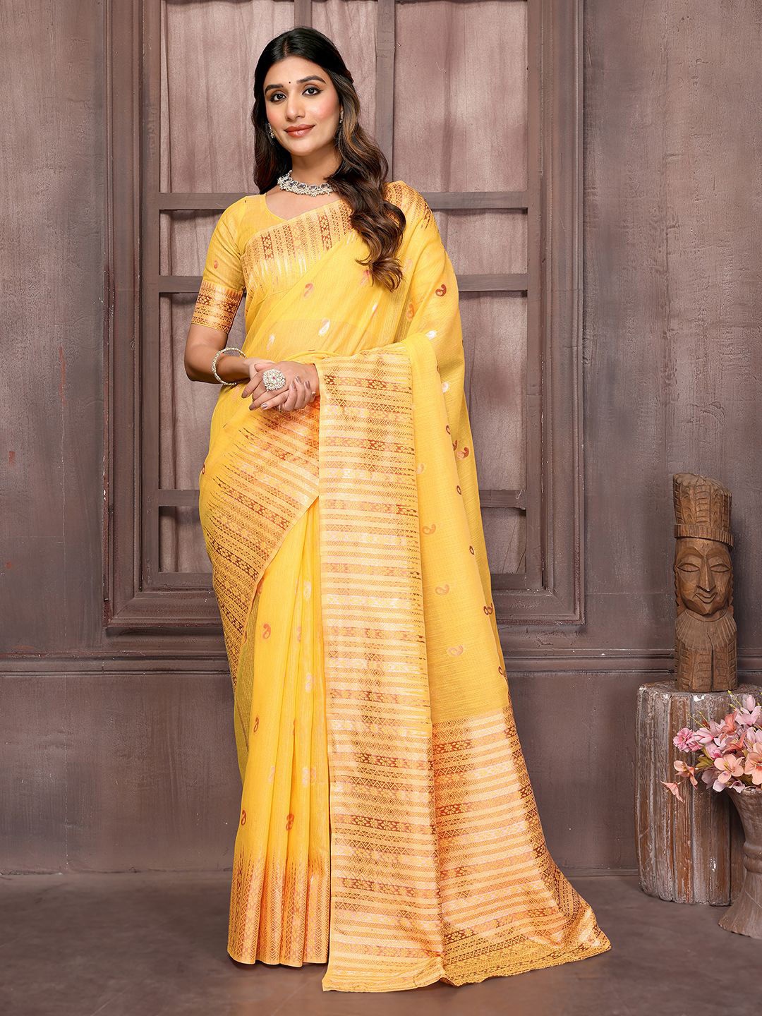 

KALINI Yellow Linen Blend Paisley Design Saree with Blouse Piece