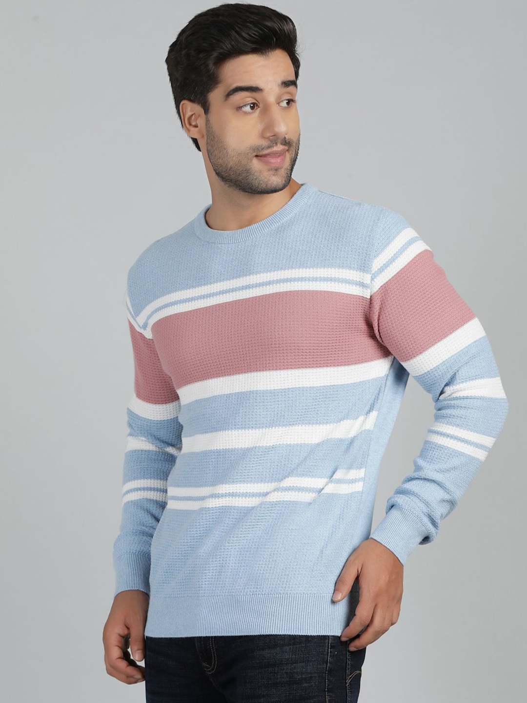

JADE BLUE Men Striped Pure Cotton Slim Fit Sweater