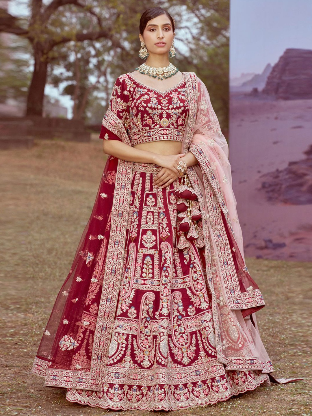 

panchhi Embellished Sequinned Semi-Stitched Lehenga & Unstitched Blouse With Dupatta, Maroon