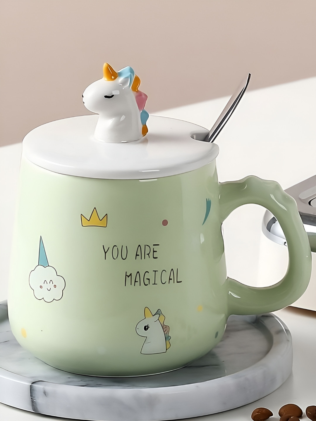 

BonZeaL Green & White Unicorn Printed 3D Ceramic Glossy Mugs 350 ml