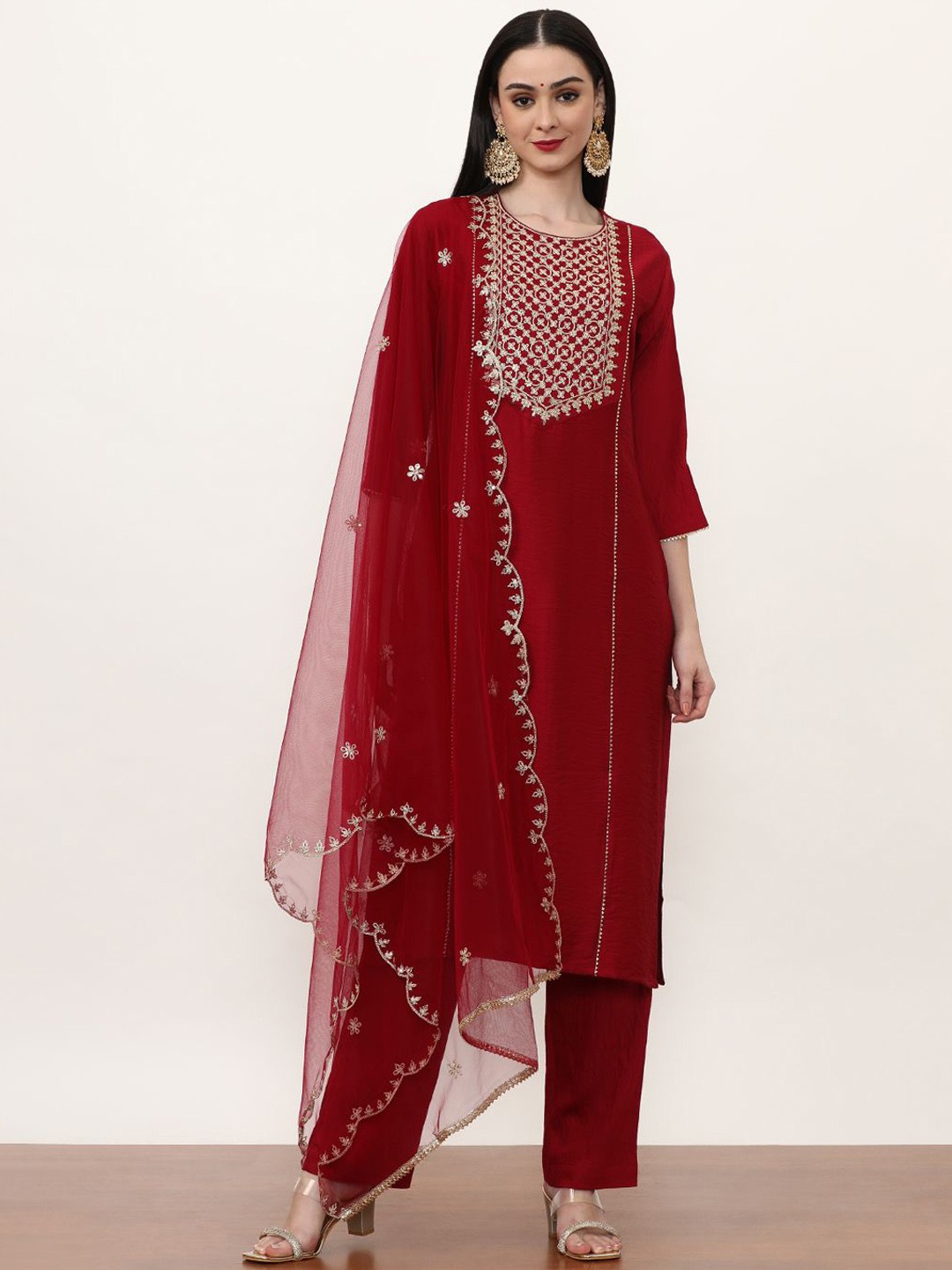

Jaipur Kurti Red Ethnic Motifs Embroidered Straight Kurta With Trousers & Dupatta