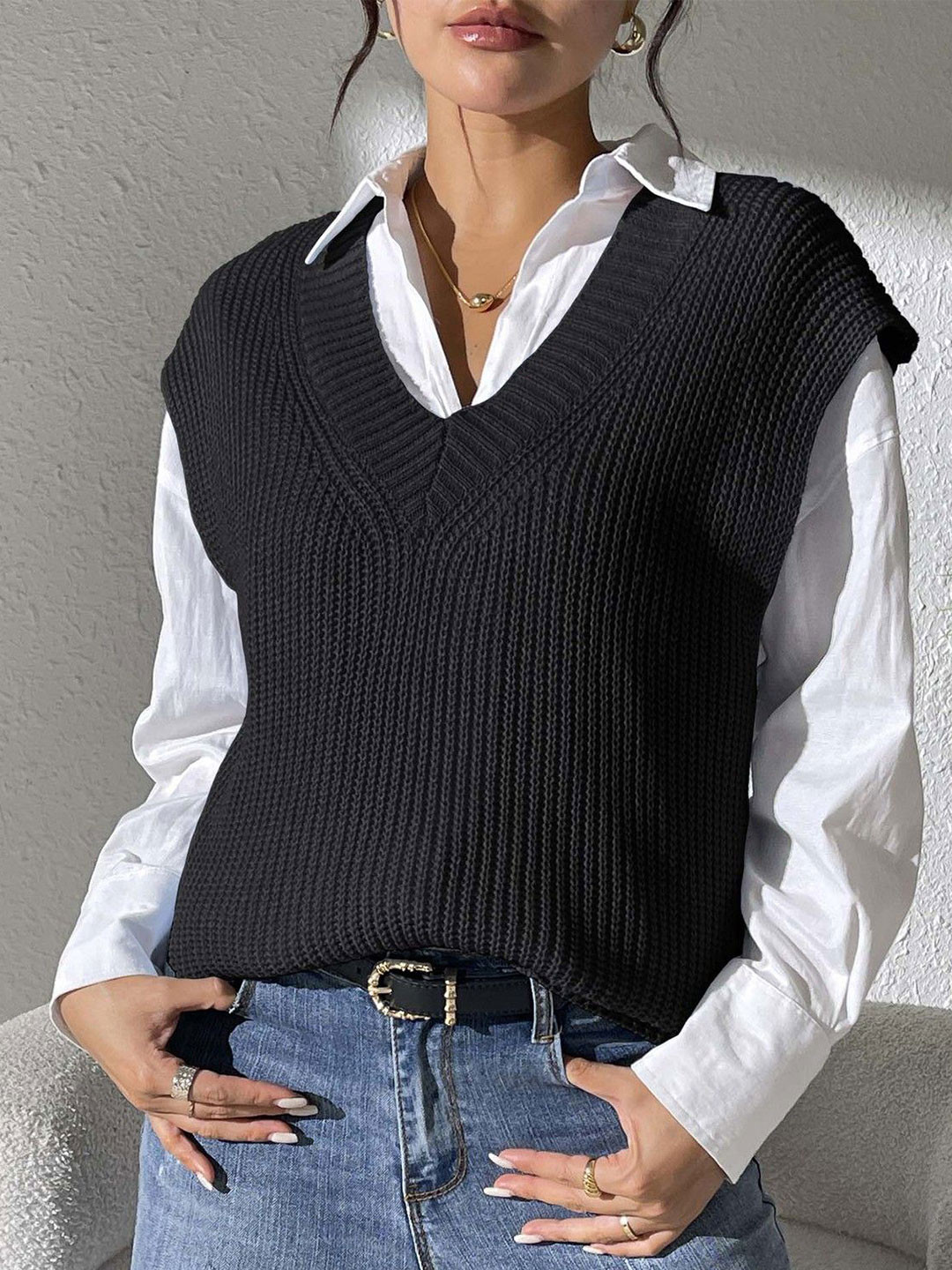 

StyleCast Women Cable Knit Ribbed Sweater Vest, Black