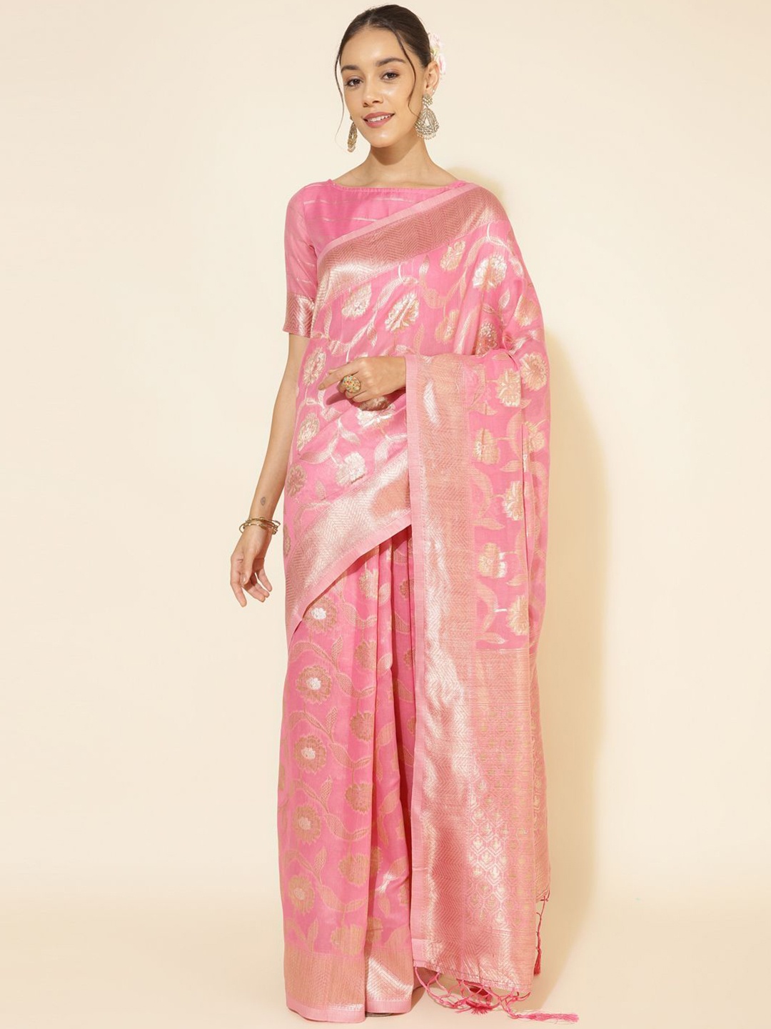 

KALINI Woven Design Zari Silk Blend Saree, Pink