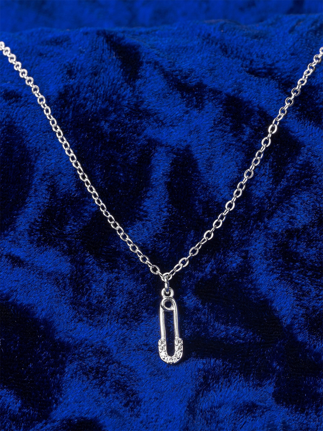 

Silverfied 925 Sterling Silver Rhodium-Plated Stone Studded Safety Pin Minimal Chain