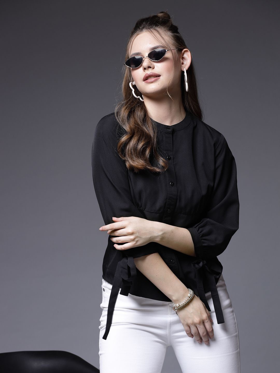 

BEING NAUGHTY Women Comfort Band Collar Solid Casual Shirt, Black