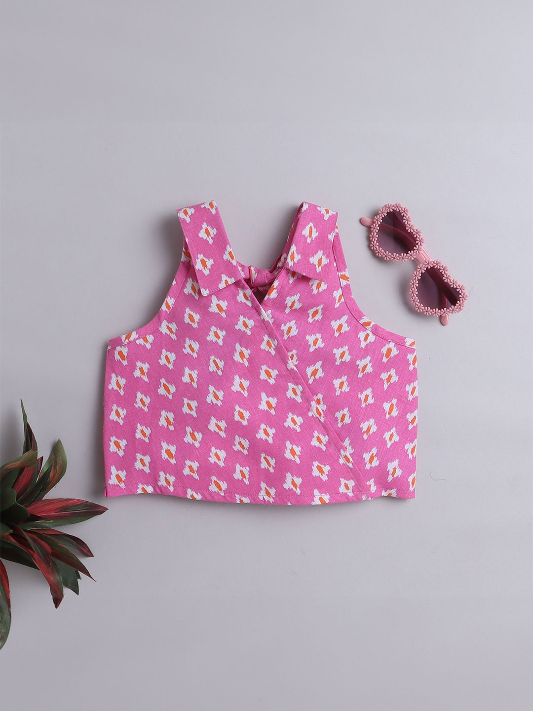 

taffykids Print Halter Neck Roll-Up Sleeves Cotton Top, Pink