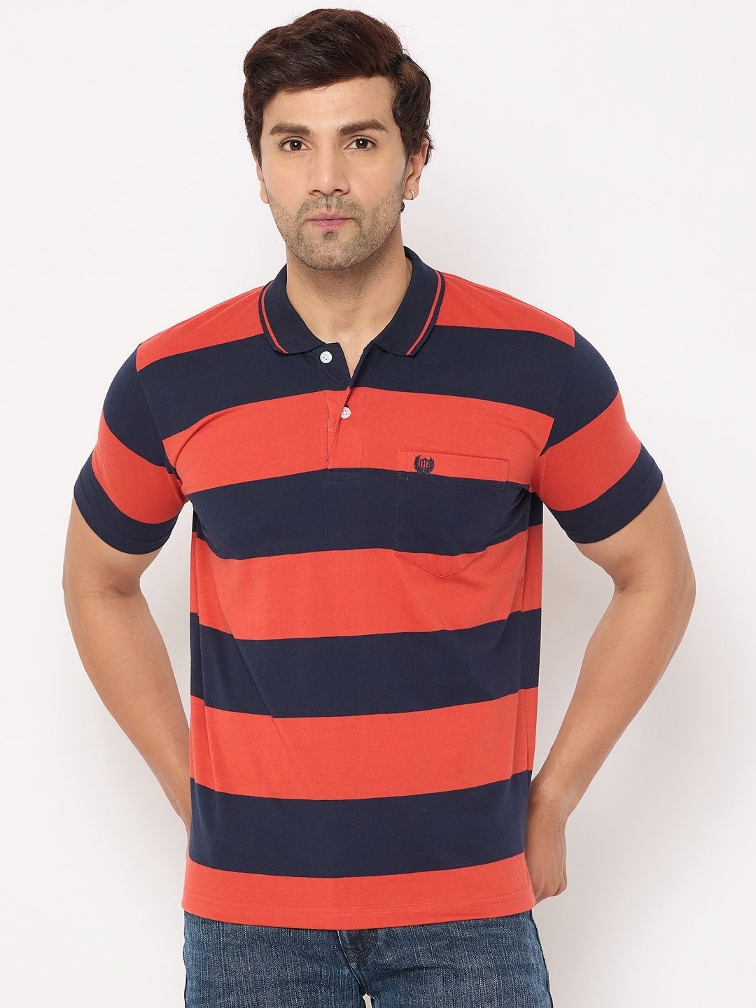 

Duke Men Striped Polo Collar Cotton T-shirt, Navy blue