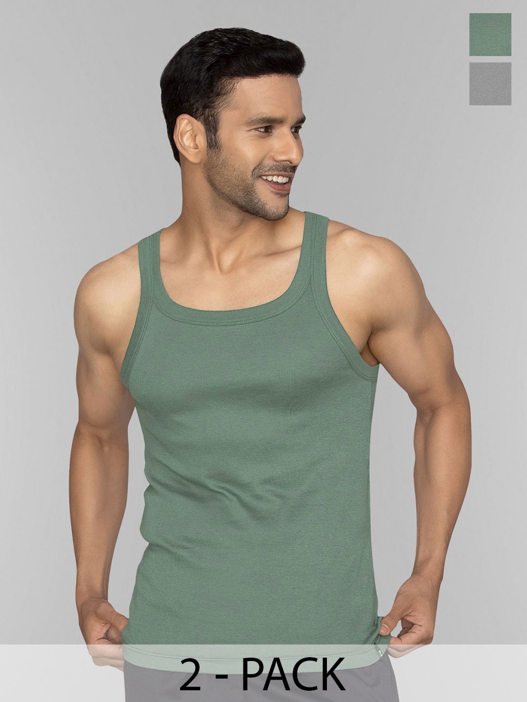 

XYXX Men Pack Of 2 Cotton Square Neck Gym Vests, Olive
