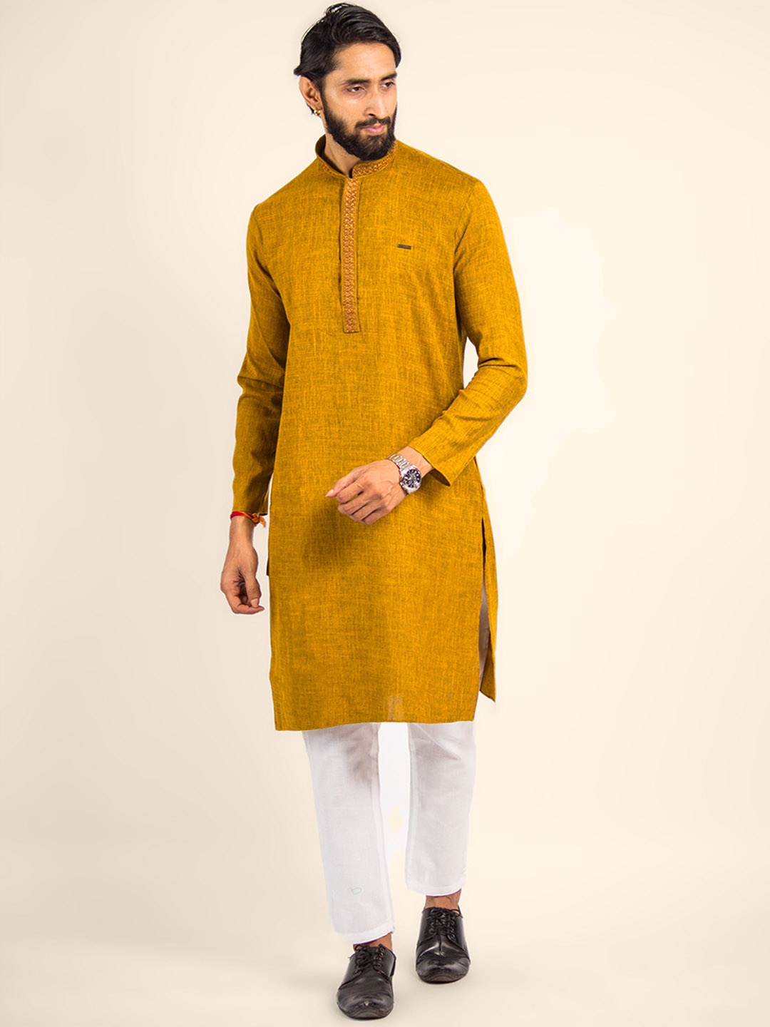 

DEVOILER Men Thread Work Kurta, Mustard