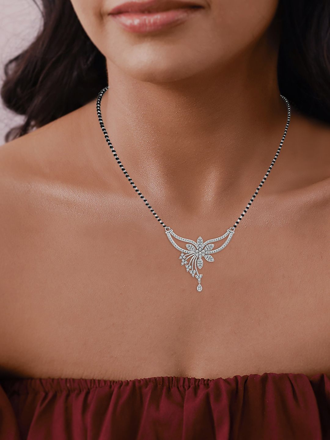 

LeCalla Silver-Plated 925 Sterling Silver Stones and Beads Lovingly Floral Mangalsutra