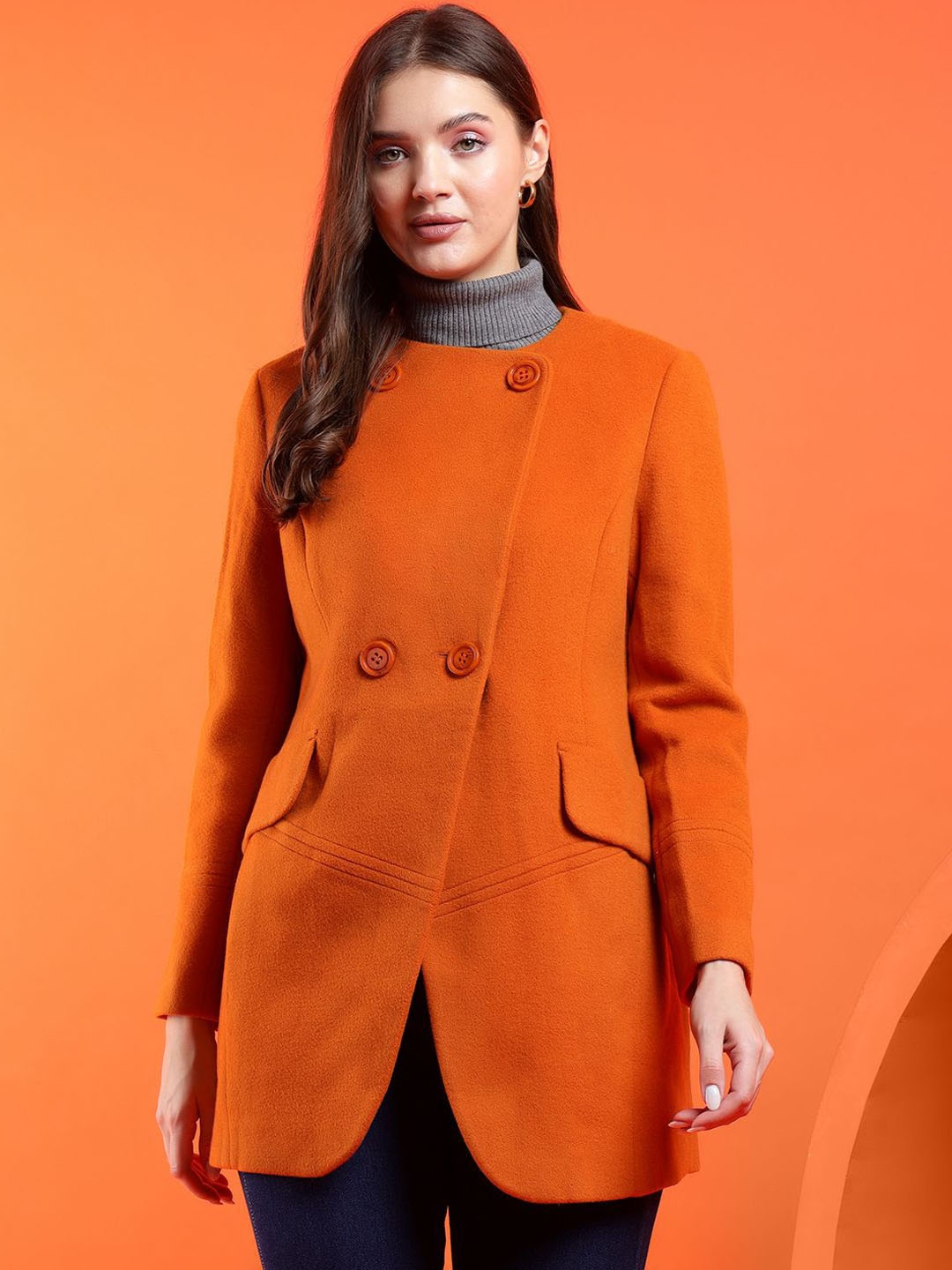 

Stylecast X Kotty Women Double Breasted Notched Lapel Overcoat, Orange