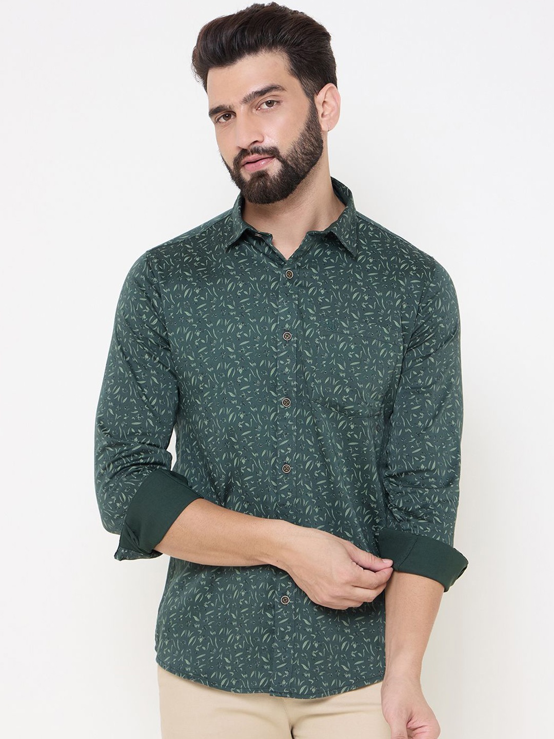 

Duke Men Spread Collar Floral Printed Cotton Slim Fit Casual Shirt, Green