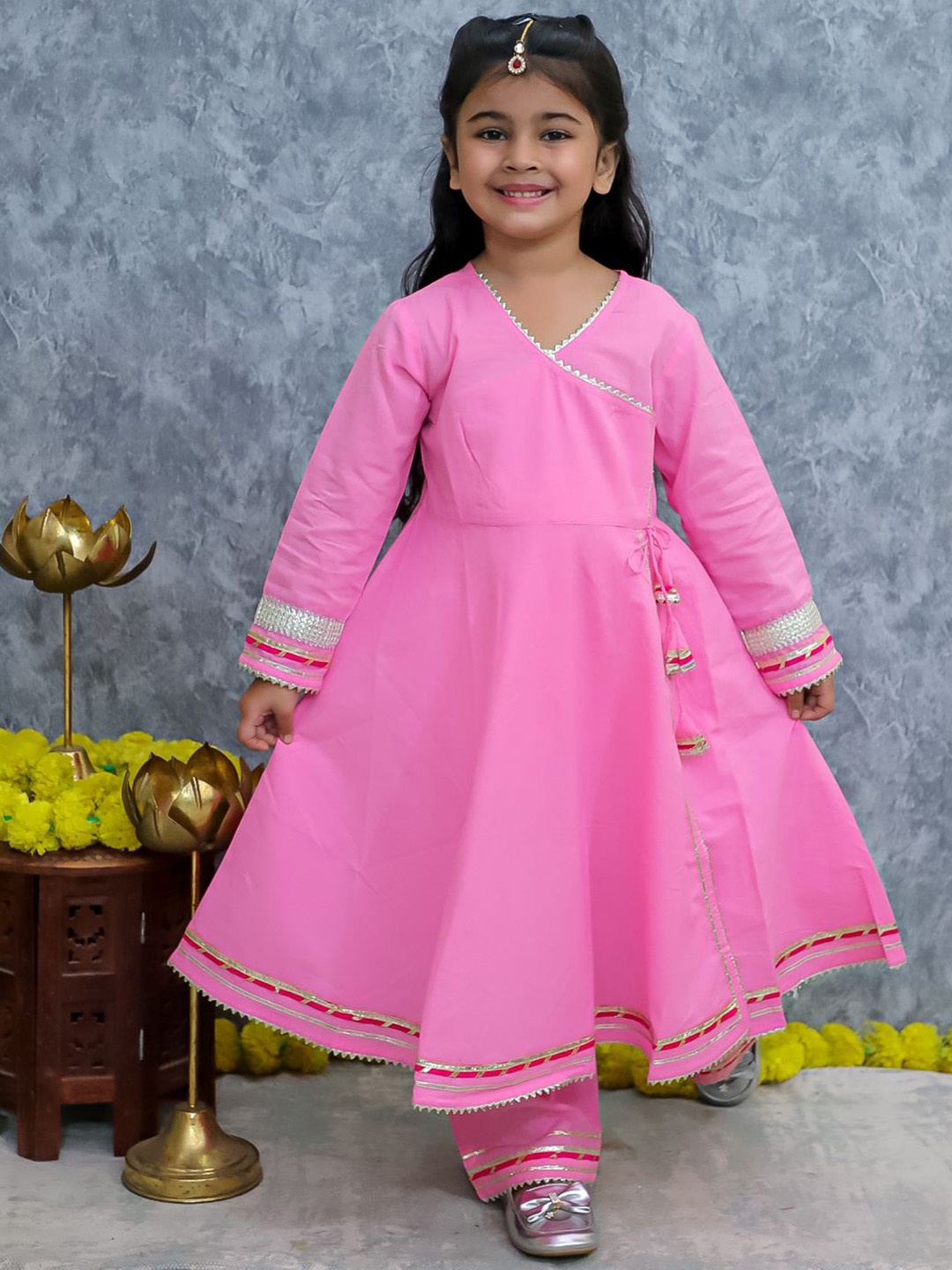 

UNBIND Girls Angrakha Gotta Patti Pure Cotton Kurta with Sharara, Pink