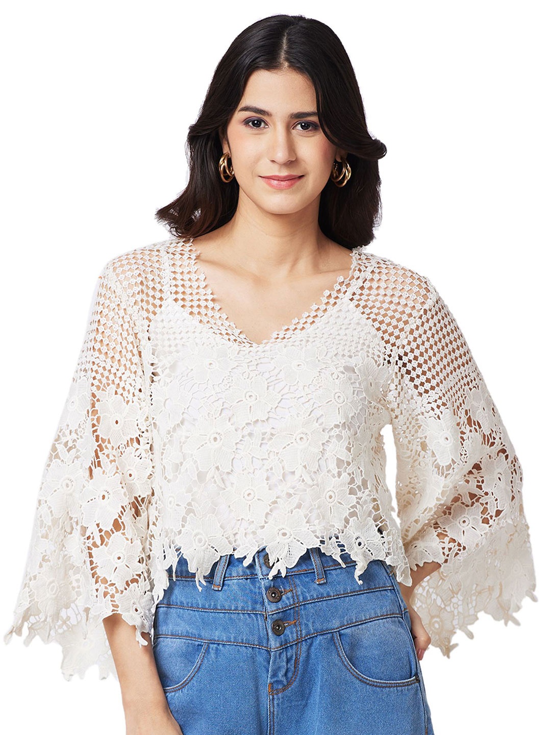 

IZEL Women Bell Sleeve Crop Top, Off white