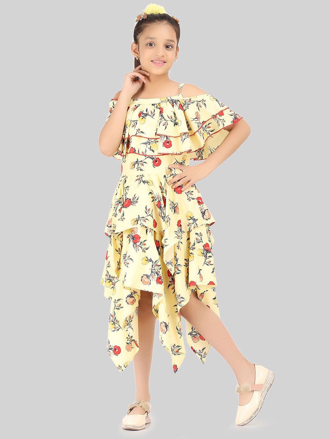 

BEING NAUGHTY Girls Floral Printed Cold-Shoulder Fit & Flare Midi Dress, Yellow