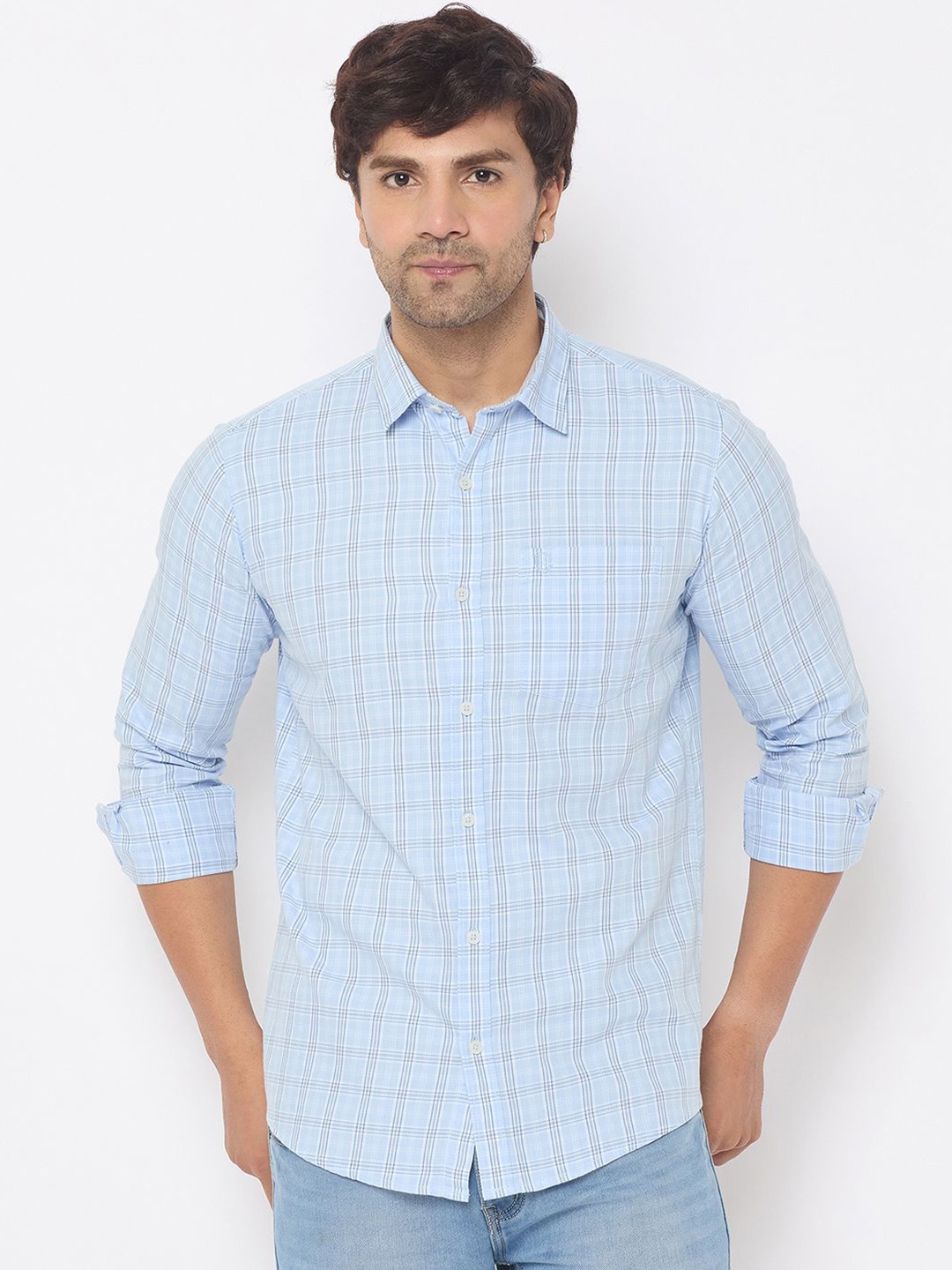 

Duke Men Spread Collar Tartan Checked Cotton Slim Fit Casual Shirt, Blue