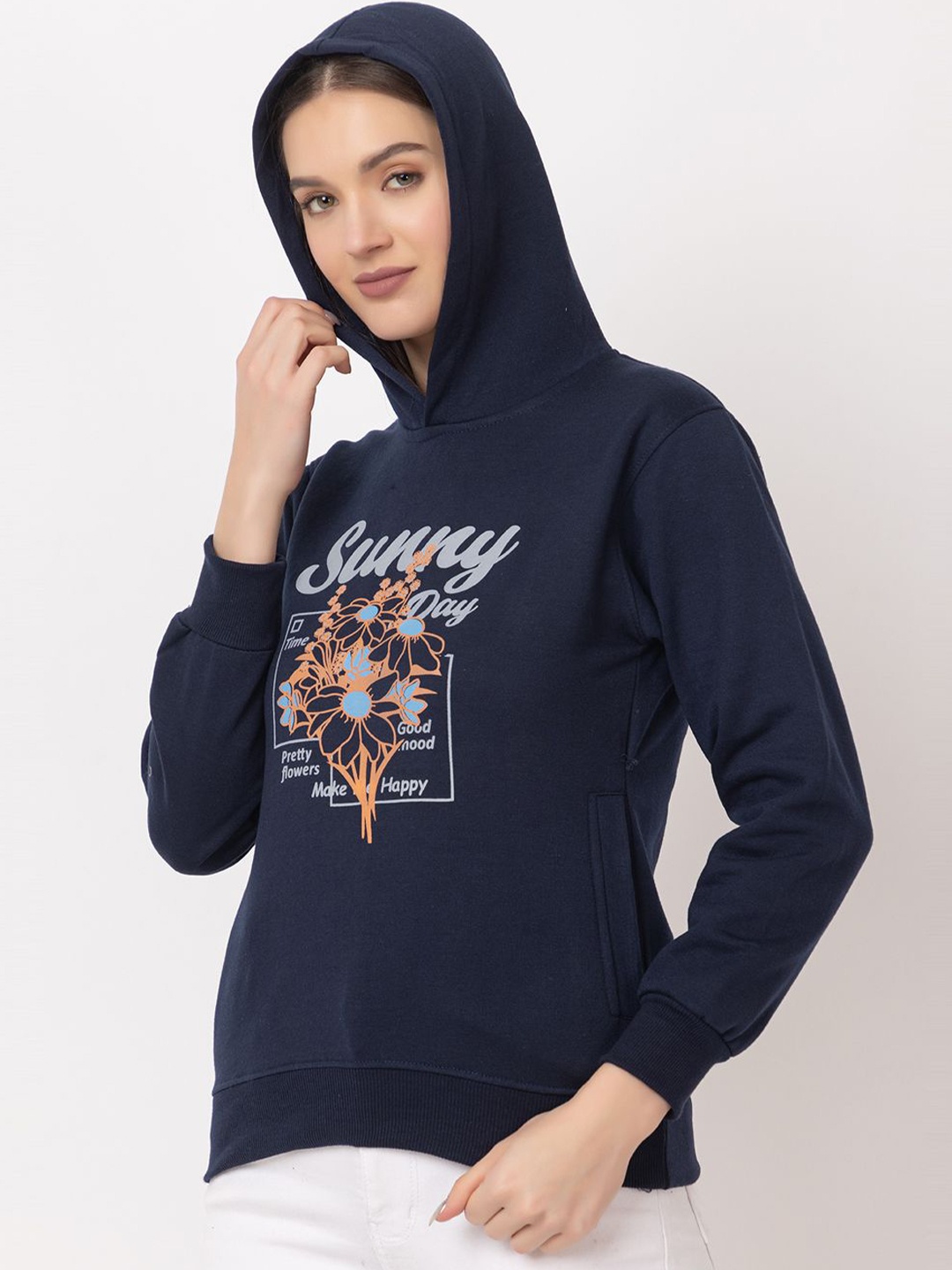 

Deefab Women Printed Hooded Sweatshirt, Navy blue