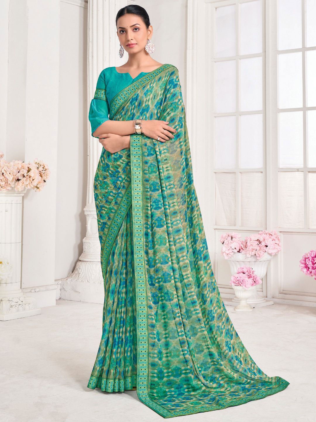 

Panzora Poly Chiffon Designer Saree, Teal
