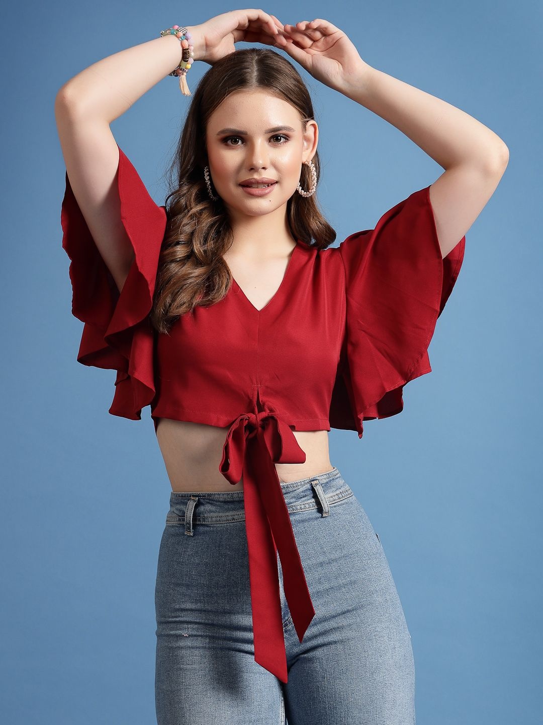 

BEING NAUGHTY Women Flutter Sleeves Fitted Crop Top, Maroon
