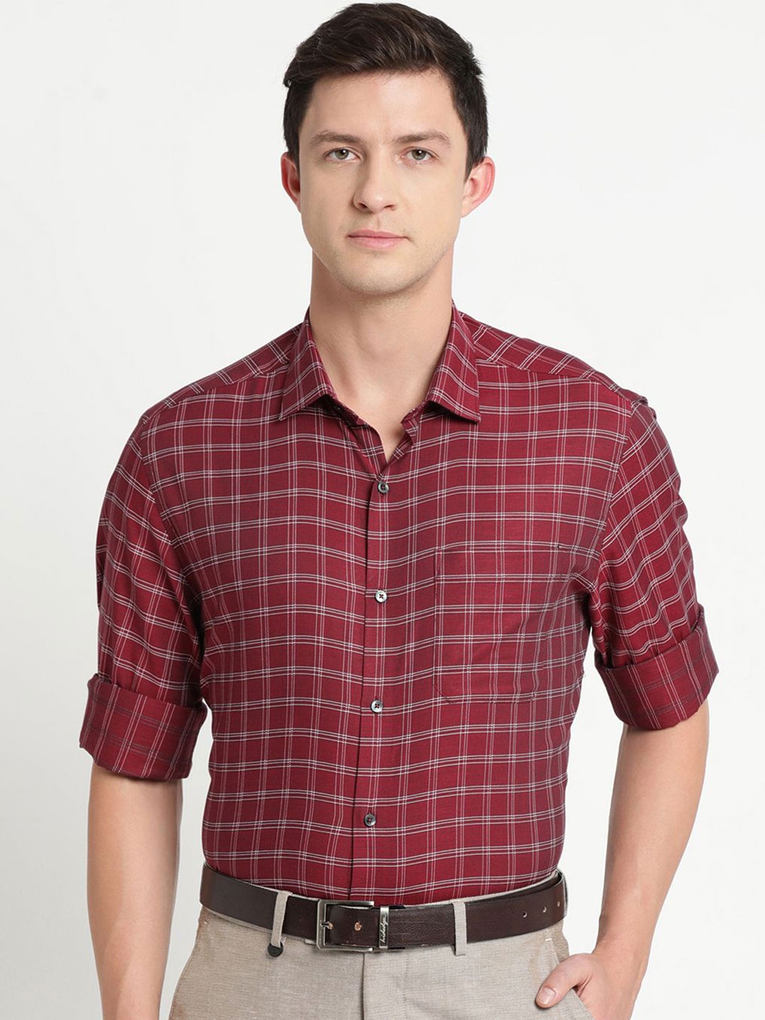 

Turtle Men Standard Spread Collar Tartan Checked Cotton Slim Fit Formal Shirt, Red
