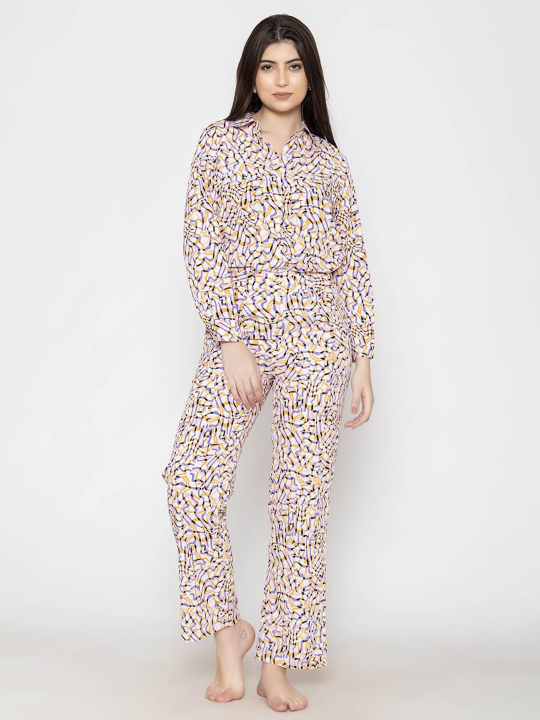 

DESIGNS BY QUEEN BEE Women Abstract Printed Pure Cotton Night suits, White