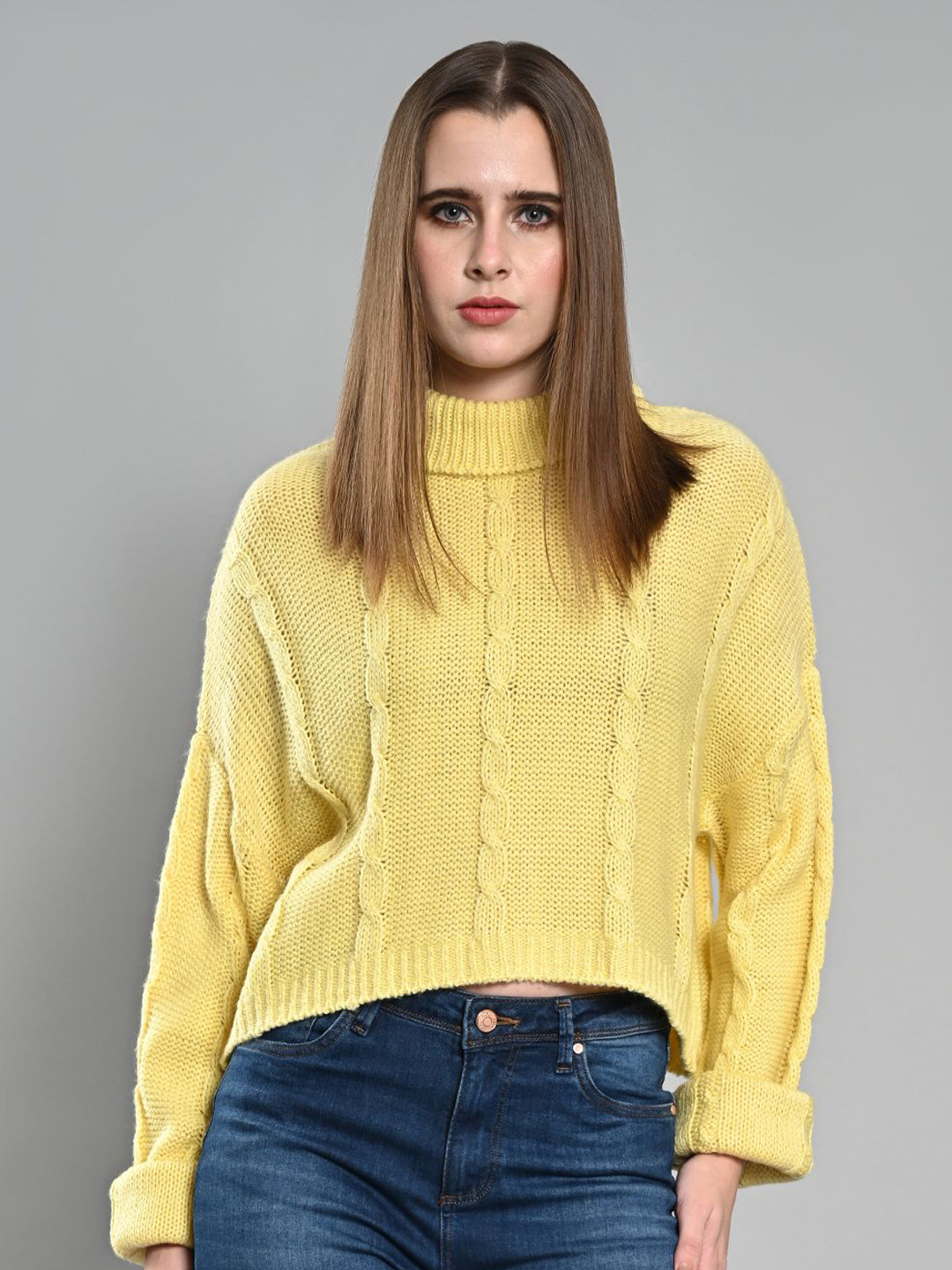 

IZEL Women Cable Knit Turtle Neck Pullover, Yellow