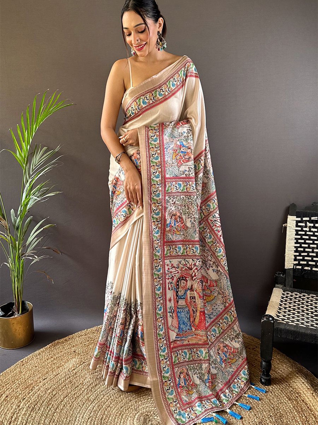 

Kalista Ethnic Motifs Silk Blend Tussar Saree, Beige