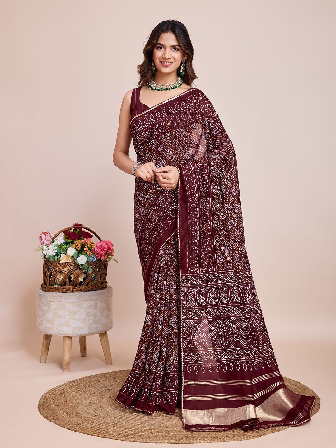 

Kalista Bandhani Zari Bandhani Saree, Burgundy