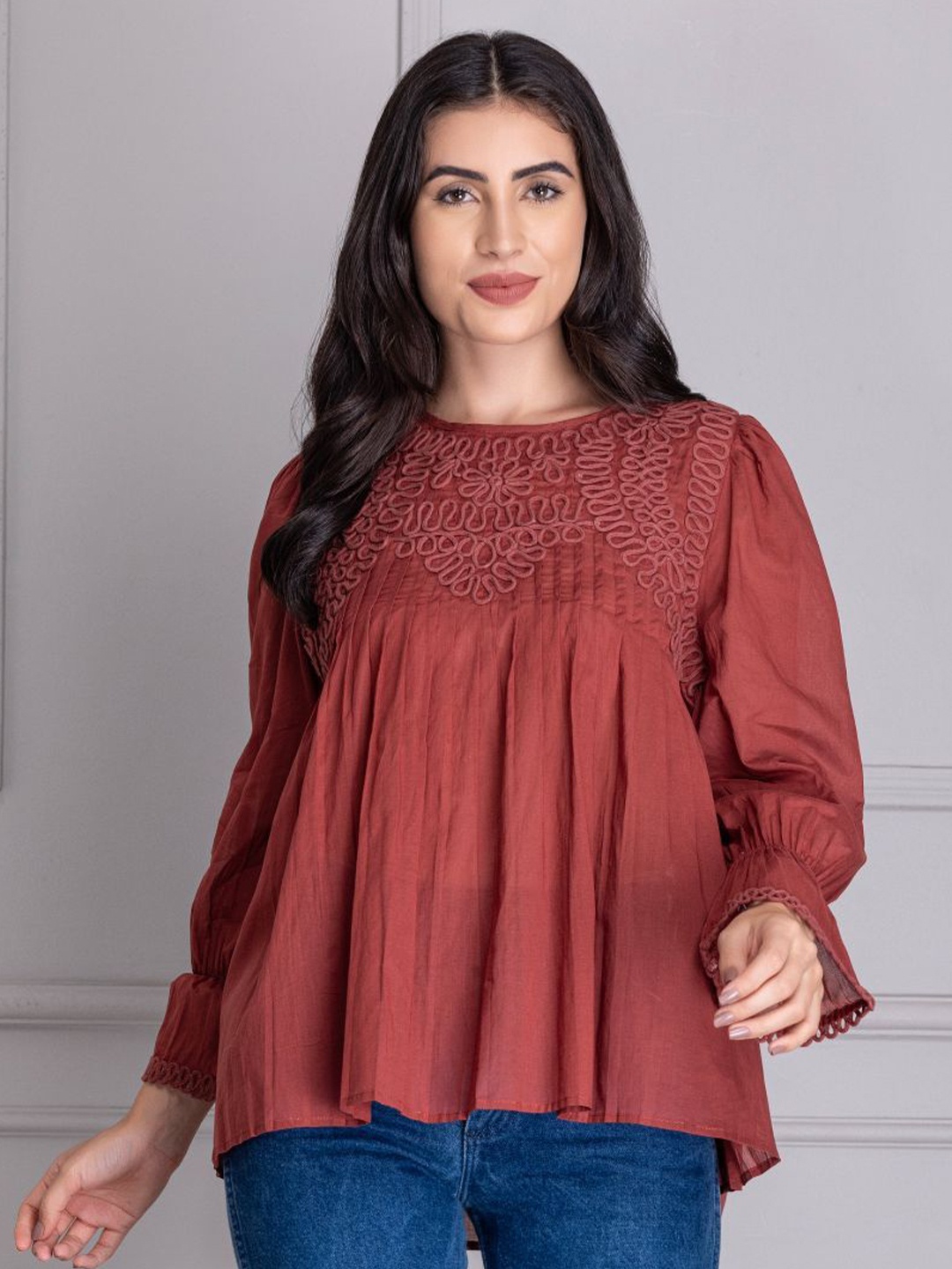 

DESIGNS BY QUEEN BEE Women Embroidered Cotton A-Line Top, Brown