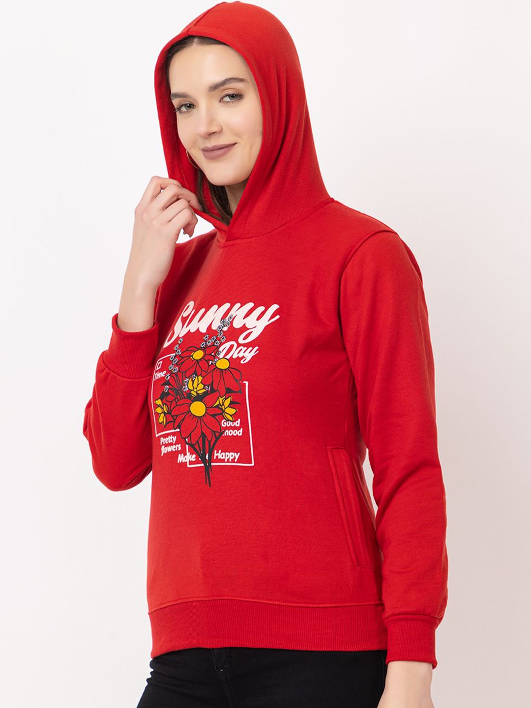 

Deefab Women Typography Printed Hooded Sweatshirt, Red