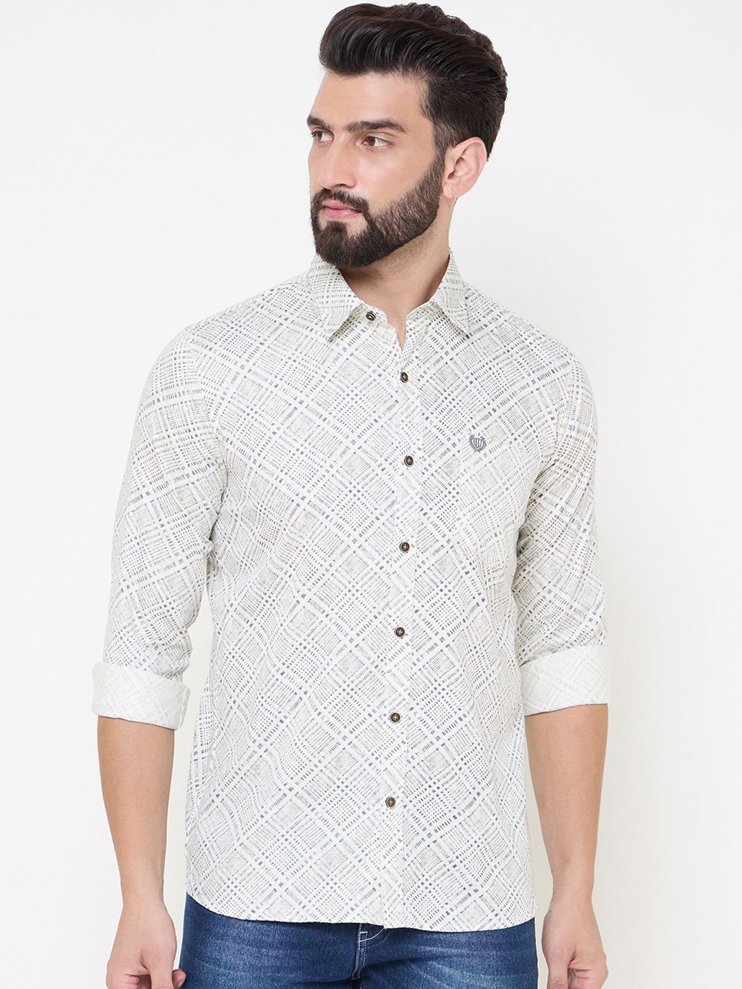 

Duke Men Spread Collar Geometric Printed Cotton Slim Fit Casual Shirt, White