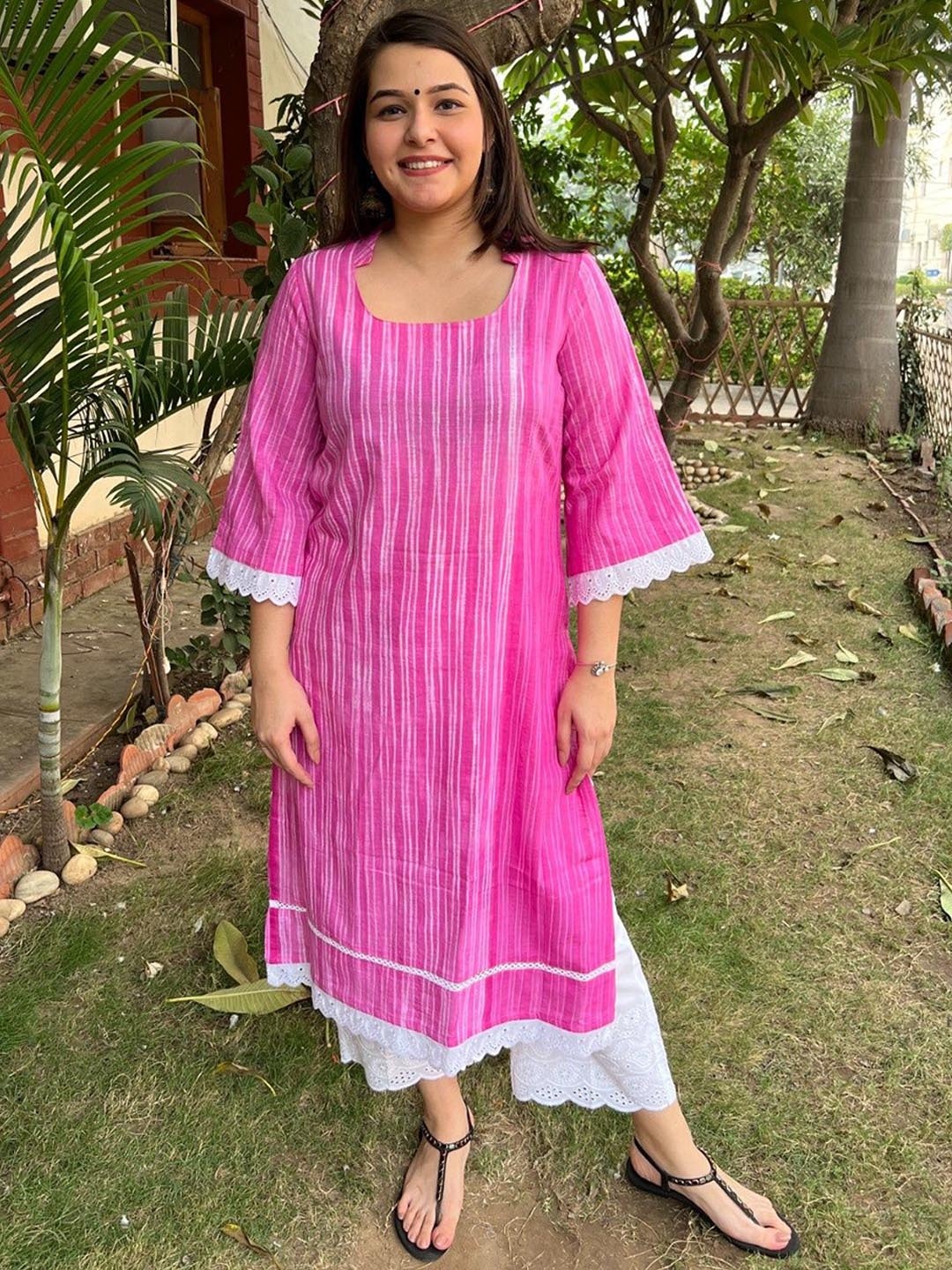 

Sanskritam Striped Cotton Straight Kurta, Pink