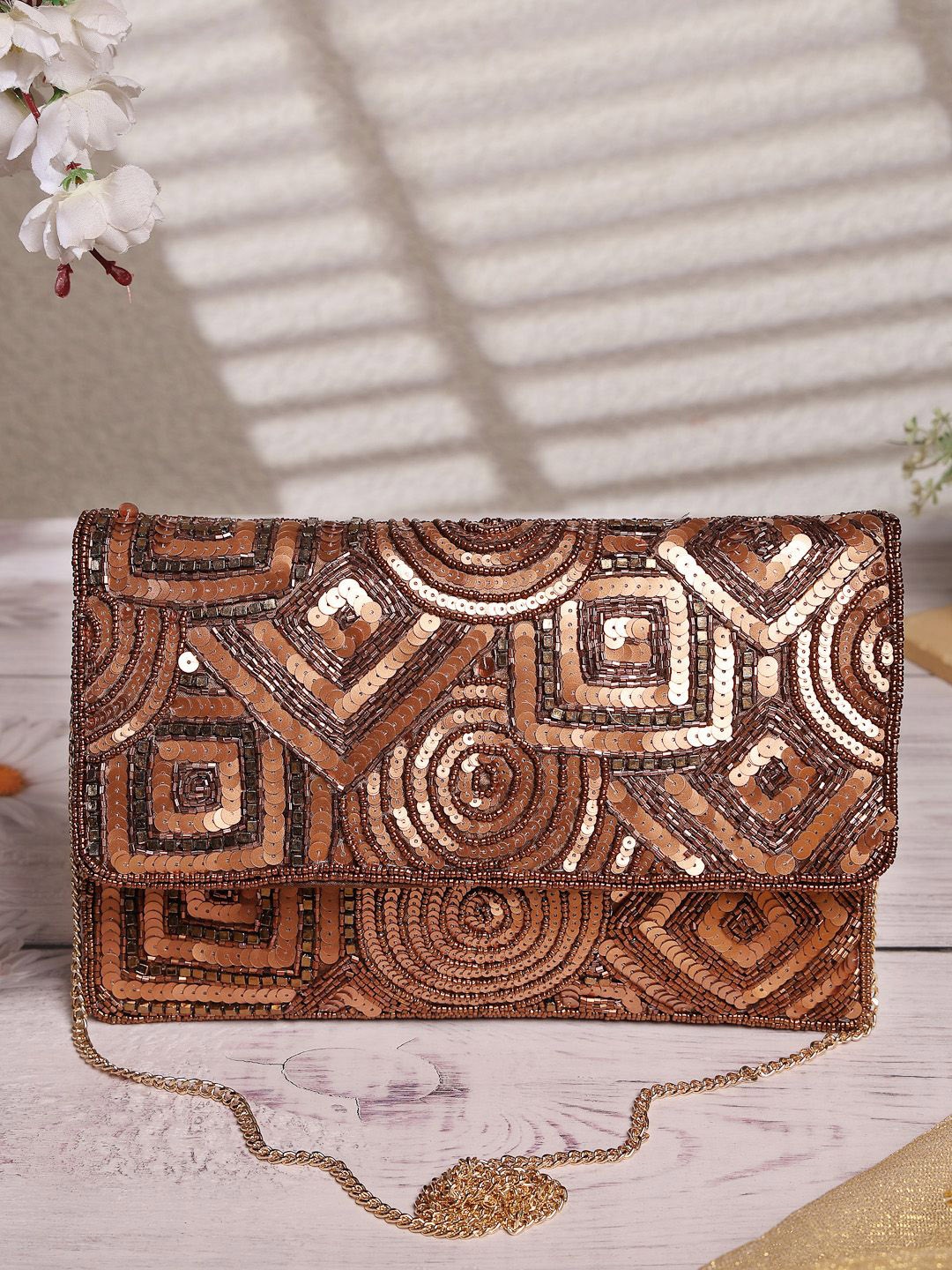 

Anekaant Geometric Embellished Structured Sling Bag, Bronze