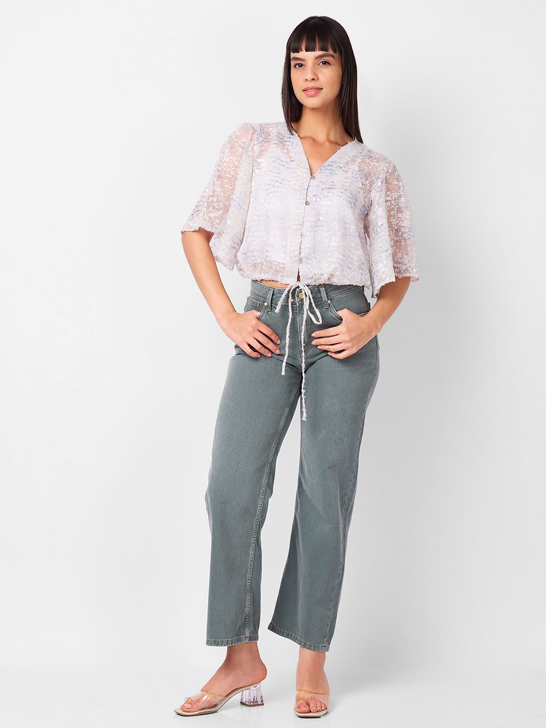 

IZEL Flared Sleeve Crop Top, Cream