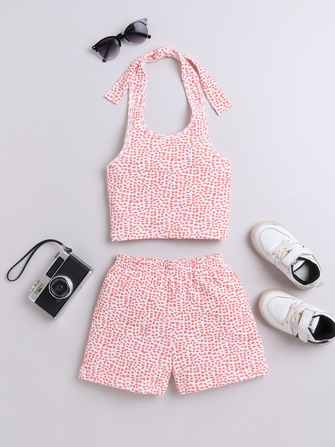 

taffykids Girls Polka Dots Printed Pure Cotton Halter Neck Top With Shorts, White