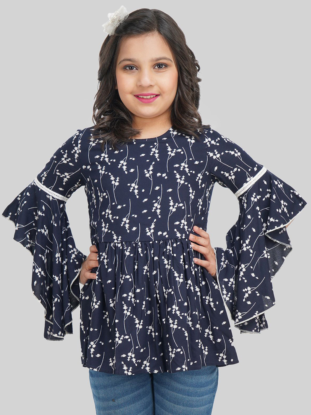

BEING NAUGHTY Girls Floral Printed Bell Sleeve A-Line Top, Blue
