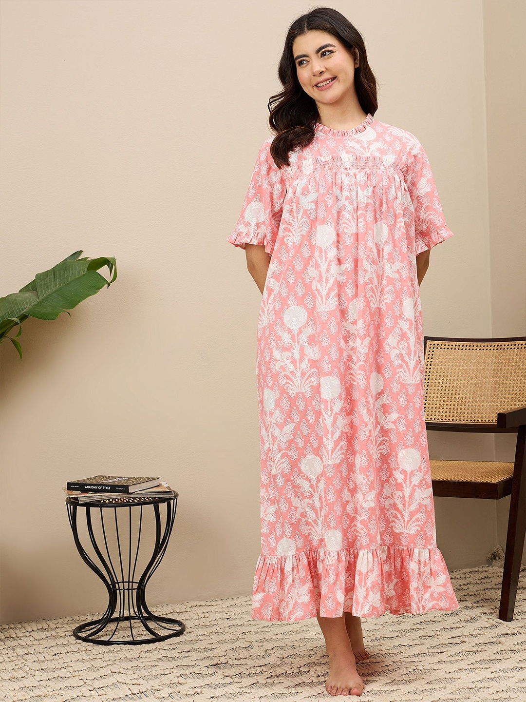 

ETC Women Pure Cotton Printed Maxi Nightdress, Peach