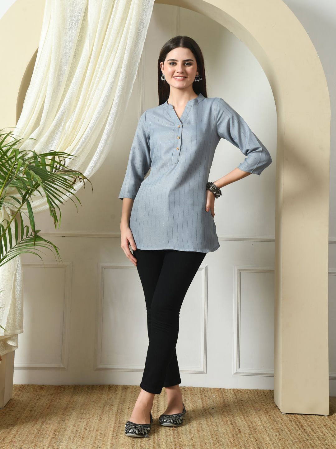 

KALINI Mandarin Collar Printed Tunic, Blue