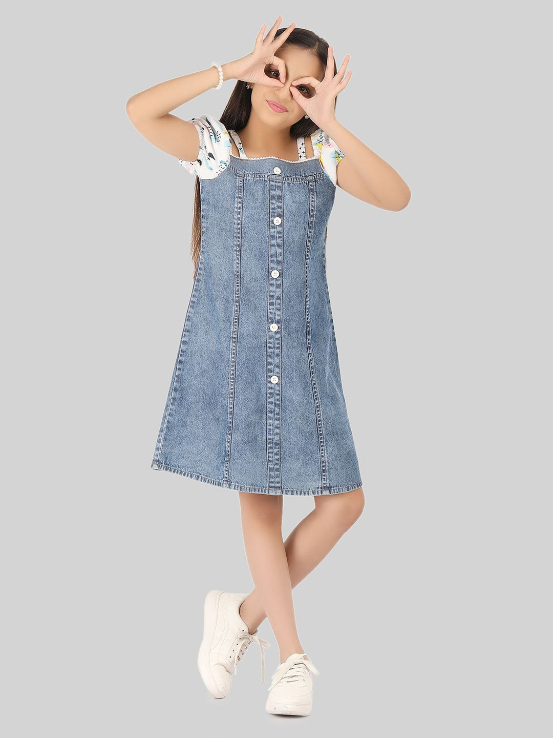 

BEING NAUGHTY Girls Cotton Printed Puff Sleeve A-Line Dress, Blue