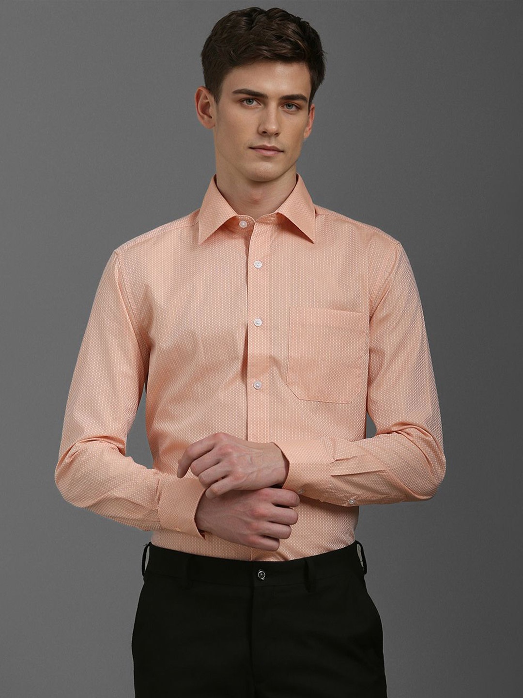 

Louis Philippe Men Spread Collar Textured Cotton Formal Shirt, Peach