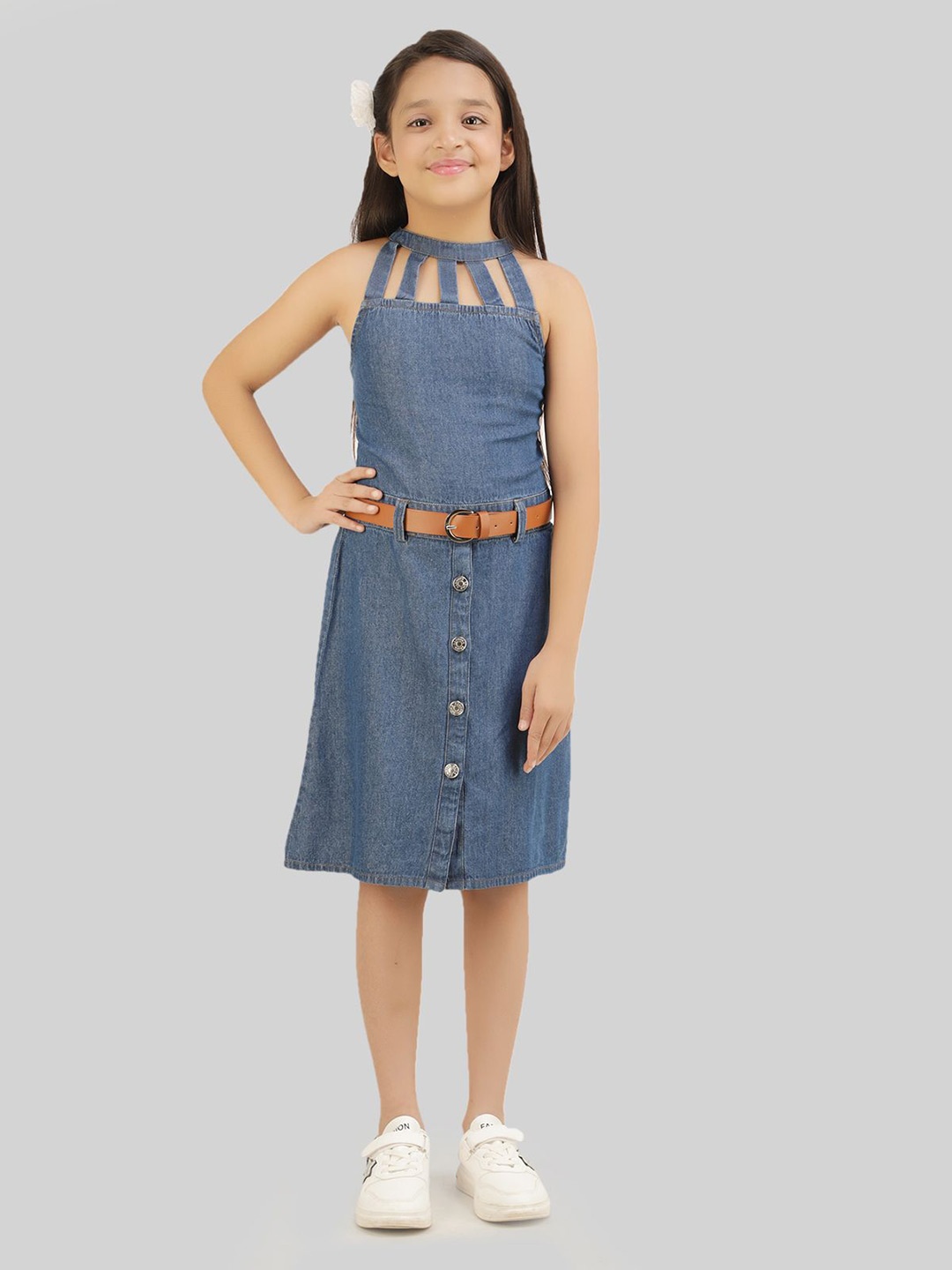 

BEING NAUGHTY Girls Denim Halter Neck Fit & Flare Dress, Blue