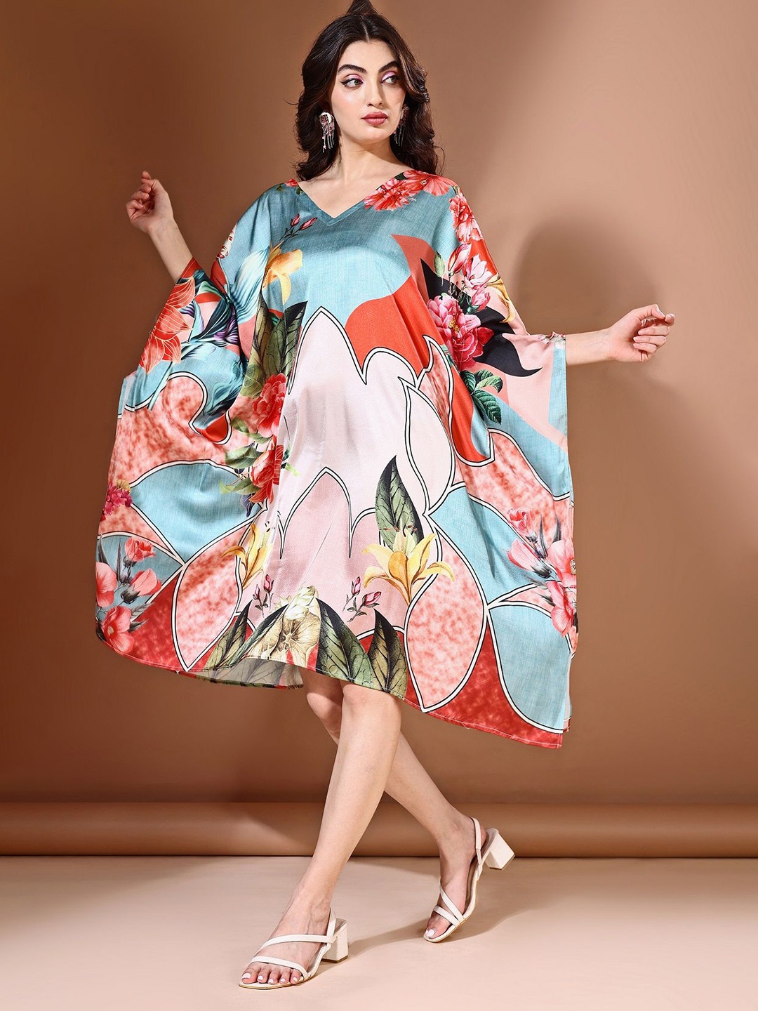 

LABEL AARNA Ocean Bloom Soft Satin Short Kaftan, Blue
