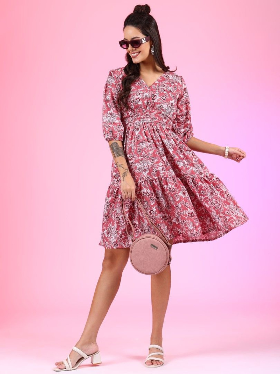 

Femvy Women Floral Printed Fit & Flare Knee Length Dress, Pink