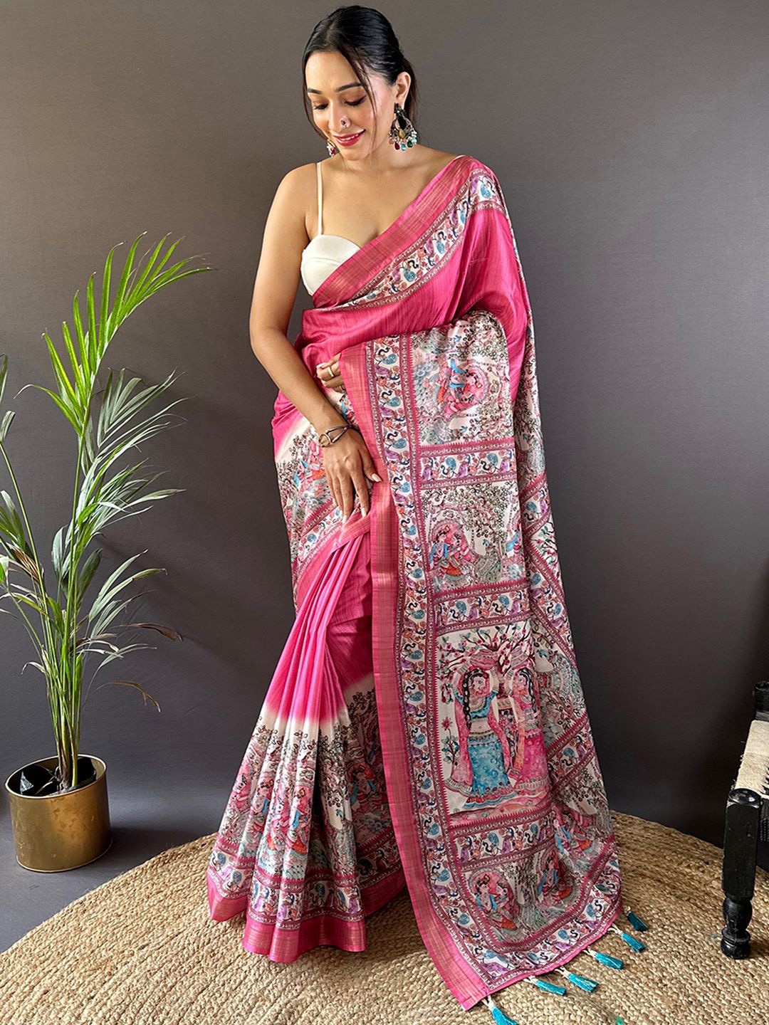 

Panzora Embellished Silk Blend Tussar Saree, Pink