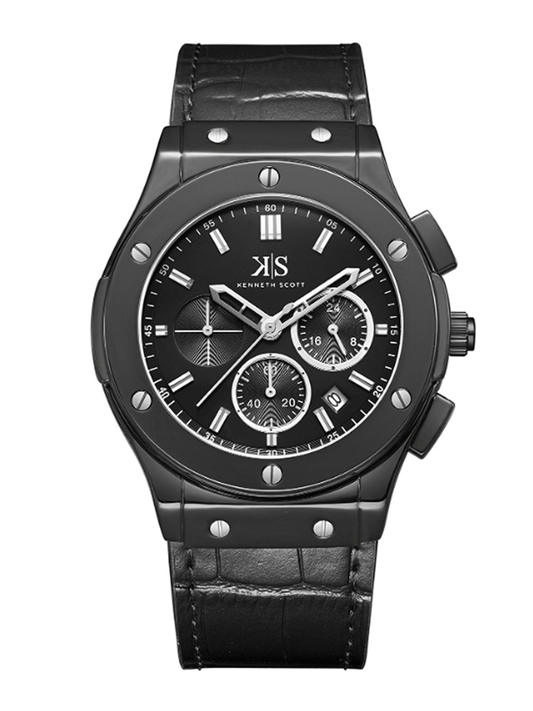 

KENNETH SCOTT Men Dial & Leather Bracelet Style Analogue Multi Function Watch K24115-BLBB, Black