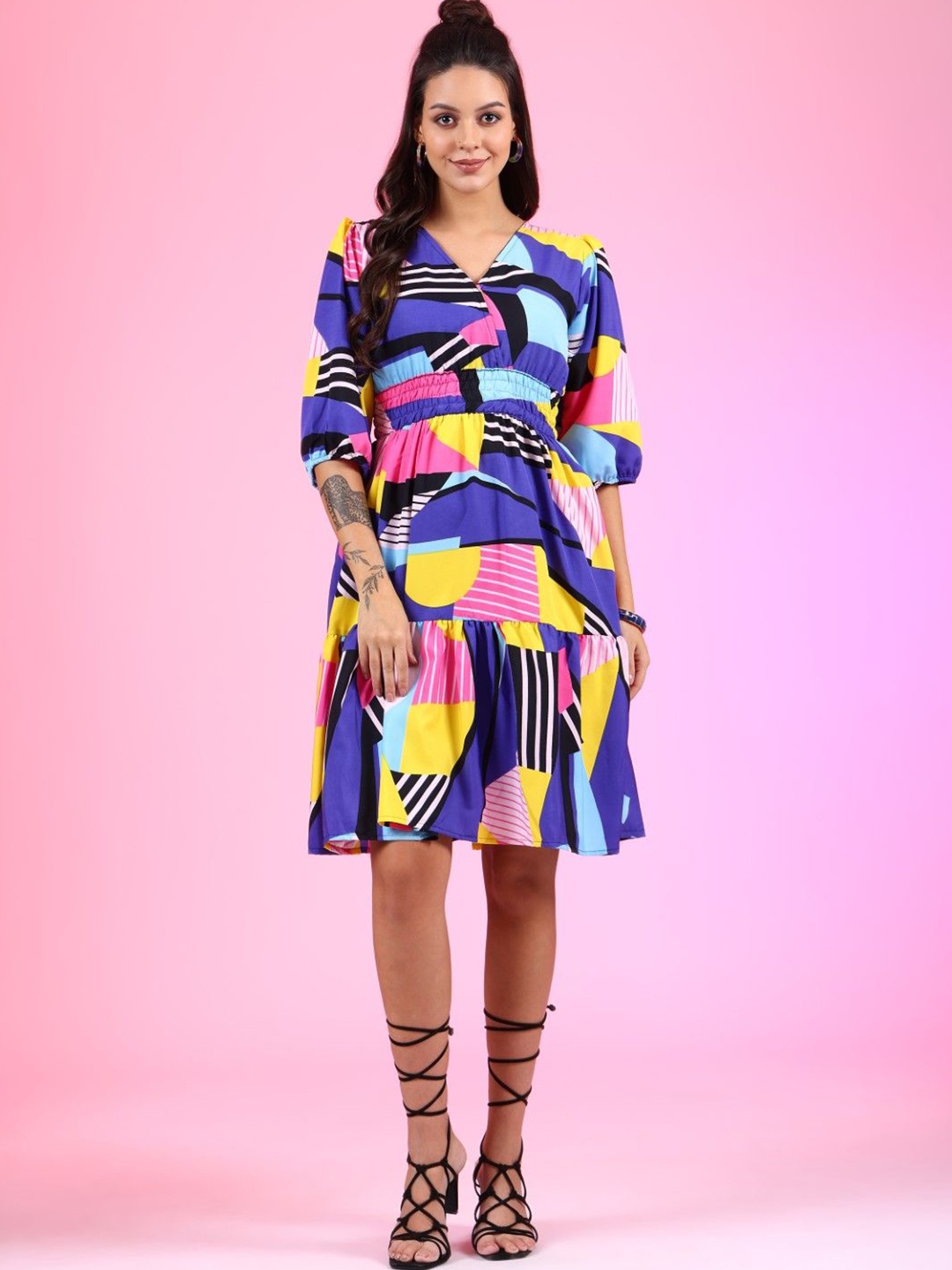 

Krunal Raiyani Women Printed V-Neck Fit & Flare Dress, Blue