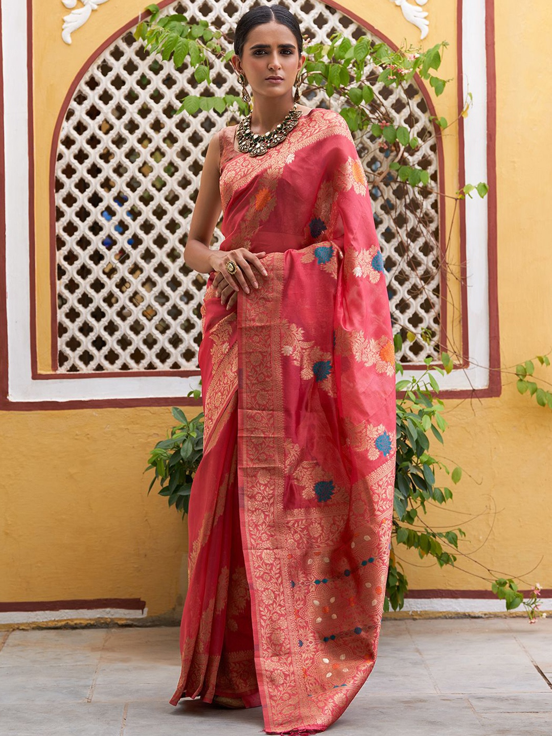 

KALINI Woven Design Zari Organza Kanjeevaram Saree, Pink