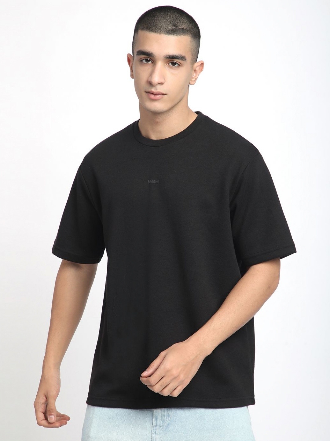 

R&B Men Solid Round Neck Cotton Relaxed Fit T-shirt, Black