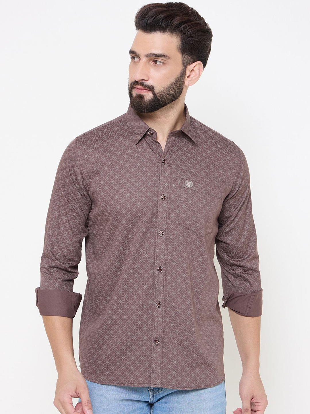 

Duke Men Spread Collar Geometric Printed Cotton Casual Shirt, Purple